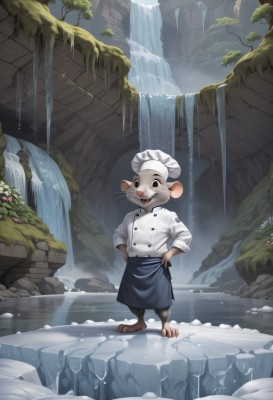 solo,looking at viewer,smile,open mouth,shirt,1boy,hat,animal ears,standing,full body,white shirt,male focus,outdoors,barefoot,teeth,water,black eyes,apron,tree,no humans,buttons,animal,white headwear,nature,scenery,waist apron,furry,hands on hips,ice,rock,mouse ears,furry male,waterfall,whiskers,chef hat,cave,moss,clothed animal,buck teeth,chef,flower,plant,fantasy