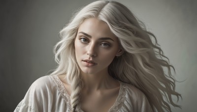 1girl,solo,long hair,looking at viewer,blue eyes,blonde hair,simple background,dress,jewelry,collarbone,upper body,braid,white hair,earrings,parted lips,grey background,white dress,lips,head tilt,grey eyes,wavy hair,portrait,freckles,realistic,nose,teeth,gradient,gradient background