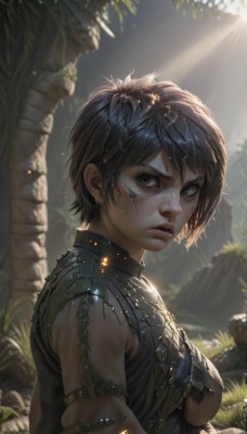 1girl,solo,breasts,looking at viewer,short hair,open mouth,bangs,black hair,brown eyes,jewelry,medium breasts,green eyes,upper body,outdoors,parted lips,teeth,artist name,armor,blurry,from side,tree,lips,wet,underboob,blurry background,scar,sunlight,plant,freckles,skull,realistic,nose,wet hair,dirty,earrings,sleeveless,day,black eyes,vest,looking to the side,eyelashes,messy hair,nature,armlet,backlighting,light rays,facepaint,very short hair