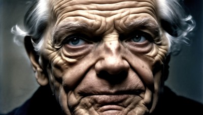 HQ,solo,looking at viewer,blue eyes,1boy,closed mouth,white hair,grey hair,male focus,facial hair,portrait,close-up,realistic,mustache,manly,old,old man,wrinkled skin,smile,green eyes,scar,beard