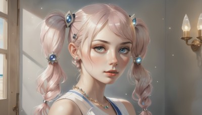 1girl,solo,long hair,looking at viewer,blush,bangs,blue eyes,hair ornament,bare shoulders,twintails,jewelry,pink hair,earrings,parted lips,sleeveless,artist name,indoors,necklace,lips,grey eyes,eyelashes,window,makeup,gem,portrait,freckles,realistic,nose,door,candle,mascara,braid,twin braids,piercing,sunlight,light particles,red lips