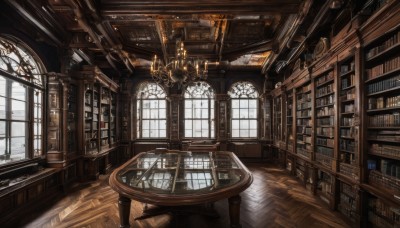 day,indoors,book,no humans,window,chair,table,sunlight,scenery,light rays,wooden floor,stairs,bookshelf,candle,architecture,shelf,library,ceiling,candlestand,chandelier,fantasy