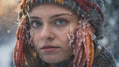 1girl, solo, blue eyes, brown hair, parted lips, blurry, lips, grey eyes, eyelashes, blurry background, portrait, snow, close-up, snowing, realistic, nose