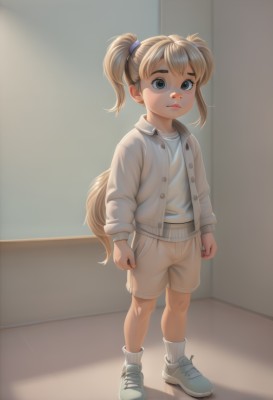 1girl,solo,looking at viewer,blue eyes,blonde hair,shirt,long sleeves,twintails,closed mouth,standing,jacket,tail,full body,white shirt,open clothes,shoes,shorts,socks,indoors,open jacket,lips,buttons,white jacket,cardigan,short twintails,white socks,sneakers,child,clenched hands,white shorts,female child,white cardigan,long hair,short hair,bangs,nose,brown shorts