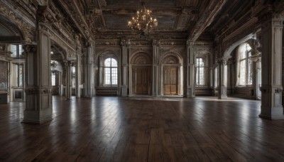 day,indoors,no humans,window,sunlight,scenery,reflection,light rays,wooden floor,stairs,door,light,candle,architecture,pillar,ceiling,hallway,church,candlestand,reflective floor,chandelier,fantasy,arch,column