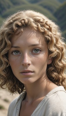 1girl,solo,looking at viewer,short hair,blonde hair,shirt,green eyes,collarbone,white shirt,upper body,braid,outdoors,parted lips,day,medium hair,mole,blurry,lips,grey eyes,eyelashes,depth of field,blurry background,leaf,wavy hair,sunlight,portrait,freckles,curly hair,realistic,nose,dappled sunlight,mole on cheek,long hair,brown hair,brown eyes,mole under mouth