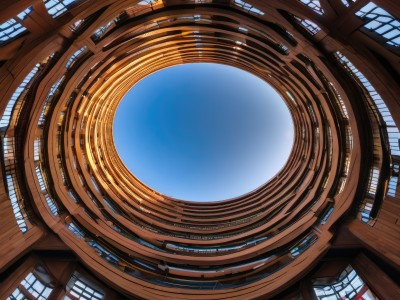 sky,day,indoors,blue sky,no humans,window,from below,scenery,reflection,architecture,pillar,fisheye,outdoors,cloud,building,science fiction,sun