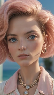 1girl,solo,looking at viewer,short hair,blue eyes,blonde hair,shirt,jewelry,white shirt,earrings,parted lips,teeth,day,collared shirt,necklace,blurry,lips,eyelashes,makeup,depth of field,blurry background,chain,piercing,portrait,close-up,freckles,hoop earrings,realistic,nose,mascara,brown hair,outdoors,sky,artist name,blue sky,sunlight,gem,forehead,gold chain