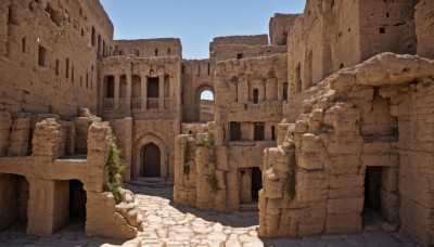 outdoors,sky,day,blue sky,no humans,window,plant,building,scenery,ruins,pillar,arch,rock,stairs,wall,architecture,statue,stone,column,stone floor,stone wall