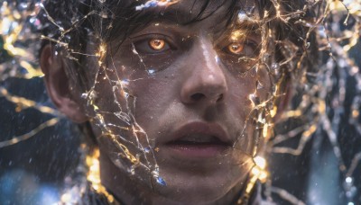 solo,looking at viewer,short hair,open mouth,bangs,black hair,1boy,brown eyes,male focus,parted lips,teeth,dark skin,blurry,lips,orange eyes,depth of field,blurry background,looking up,portrait,close-up,freckles,reflection,realistic,nose,constellation,1girl,jewelry,earrings,looking to the side,glowing,looking away,rain,looking afar,gold