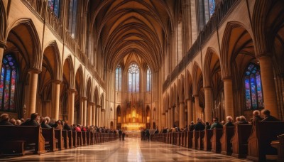 multiple boys,indoors,no humans,window,sunlight,cross,fire,scenery,6+boys,light rays,candle,architecture,pillar,statue,crowd,stained glass,church,arch,reflective floor,column,vanishing point,multiple girls,hat,6+girls,formal,suit,instrument,walking,music,piano