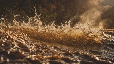 monochrome,outdoors,sky,cloud,water,blurry,no humans,night,depth of field,ocean,beach,scenery,smoke,sand,watercraft,splashing,sepia,ship,waves,brown theme,horizon,orange theme