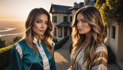 long hair,looking at viewer,smile,blue eyes,multiple girls,blonde hair,brown hair,shirt,dress,2girls,brown eyes,jewelry,closed mouth,white shirt,upper body,multicolored hair,outdoors,sky,striped,artist name,necklace,tree,lips,siblings,wavy hair,sisters,building,sunset,twins,stairs,realistic,nose,road,house,black hair,earrings,dark skin,dark-skinned female,ocean,sunlight,plant,scenery