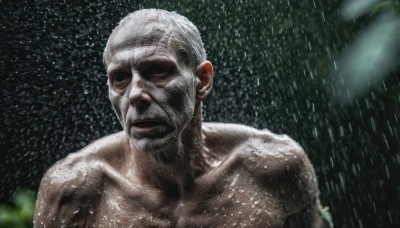 solo,1boy,closed mouth,collarbone,upper body,white hair,male focus,water,blurry,wet,muscular,facial hair,parody,beard,rain,topless male,water drop,realistic,mustache,manly,old,old man,looking at viewer,black eyes,portrait,wrinkled skin