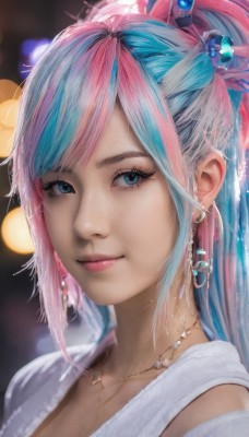 1girl,solo,long hair,looking at viewer,smile,bangs,blue eyes,hair ornament,dress,jewelry,closed mouth,blue hair,upper body,ponytail,pink hair,multicolored hair,earrings,necklace,white dress,blurry,two-tone hair,lips,streaked hair,looking to the side,eyelashes,aqua hair,makeup,depth of field,blurry background,gem,portrait,realistic,nose,bokeh,mascara,artist name,watermark