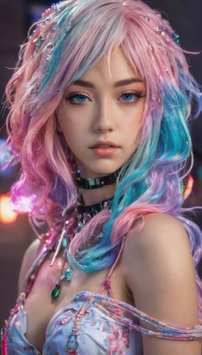 1girl,solo,long hair,breasts,looking at viewer,bangs,blue eyes,hair ornament,cleavage,bare shoulders,jewelry,medium breasts,underwear,blue hair,upper body,pink hair,multicolored hair,parted lips,choker,artist name,necklace,bra,blurry,two-tone hair,lips,eyelashes,gradient hair,makeup,depth of field,blurry background,watermark,wavy hair,floral print,gem,web address,strap slip,freckles,realistic,nose,mascara,teeth,sleeveless,collar,wet,black choker,pendant,water drop