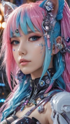 1girl,solo,long hair,breasts,looking at viewer,bangs,blue eyes,hair ornament,animal ears,jewelry,blue hair,pink hair,multicolored hair,earrings,parted lips,cat ears,blurry,two-tone hair,lips,eyelashes,aqua hair,makeup,blurry background,facial mark,piercing,ear piercing,portrait,eyeshadow,realistic,nose,eyeliner,mascara,ponytail,sidelocks,artist name,water,necklace,mole,collar,mole under eye,depth of field,fake animal ears,close-up,cyberpunk