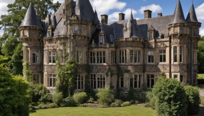 outdoors,sky,day,cloud,tree,blue sky,no humans,window,cloudy sky,grass,building,nature,scenery,forest,fantasy,road,bush,house,path,castle,tower,arch