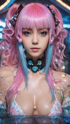 1girl,solo,long hair,breasts,looking at viewer,bangs,blue eyes,hair ornament,cleavage,bare shoulders,twintails,jewelry,medium breasts,closed mouth,blue hair,swimsuit,upper body,pink hair,sidelocks,bikini,multicolored hair,choker,shiny,artist name,blunt bangs,water,necklace,two-tone hair,two side up,lips,wet,shiny skin,eyelashes,gradient hair,makeup,headphones,watermark,wavy hair,web address,partially submerged,pink lips,realistic,nose,pink bikini,large breasts,heart