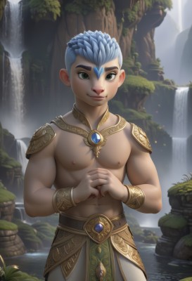 solo,looking at viewer,smile,short hair,1boy,navel,jewelry,closed mouth,nipples,green eyes,blue hair,standing,male focus,cowboy shot,outdoors,water,armor,bracelet,muscular,abs,thick eyebrows,own hands together,pectorals,muscular male,shoulder armor,gem,nature,bara,wading,toned,pauldrons,topless male,bracer,forehead jewel,loincloth,waterfall,artist name,necklace,leaf,realistic