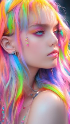 1girl,solo,long hair,bangs,blue eyes,blonde hair,bare shoulders,jewelry,closed mouth,upper body,pink hair,multicolored hair,earrings,parted lips,necklace,from side,lips,eyelashes,gradient hair,makeup,looking away,piercing,lipstick,ear piercing,portrait,eyeshadow,pink lips,realistic,nose,eyeliner,rainbow,colorful,mascara,rainbow hair,blue hair,green hair,orange hair,watermark,web address,beads