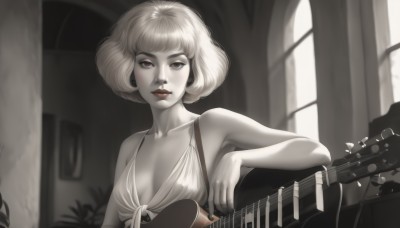 1girl,solo,breasts,looking at viewer,short hair,bangs,dress,cleavage,bare shoulders,medium breasts,collarbone,monochrome,upper body,greyscale,small breasts,parted lips,sleeveless,indoors,armpits,blurry,lips,window,makeup,bob cut,lipstick,instrument,front-tie top,spot color,nose,guitar,red lips,playing instrument,electric guitar,holding,closed mouth,blurry background,realistic,music,holding instrument