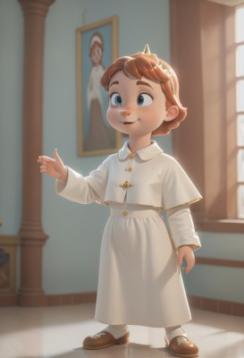 1girl,solo,blush,smile,short hair,open mouth,blue eyes,brown hair,long sleeves,dress,standing,full body,hairband,shoes,teeth,socks,indoors,white dress,window,capelet,blurry background,brown footwear,child,freckles,reflection,female child,white capelet,aged down