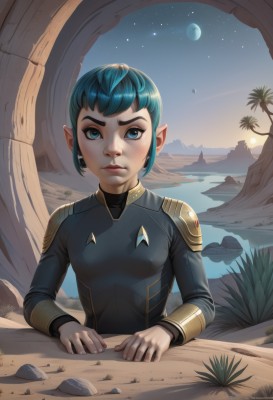 1girl,solo,breasts,looking at viewer,short hair,bangs,blue eyes,long sleeves,jewelry,closed mouth,blue hair,upper body,earrings,small breasts,outdoors,sky,pointy ears,artist name,signature,water,armor,tree,lips,aqua hair,night,watermark,moon,thick eyebrows,star (sky),starry sky,freckles,nose,palm tree,planet,uniform