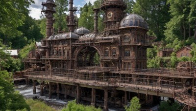 outdoors,sky,day,cloud,water,tree,blue sky,no humans,window,grass,building,nature,scenery,forest,stairs,architecture,bridge,river,tower,arch,railing,ruins,waterfall