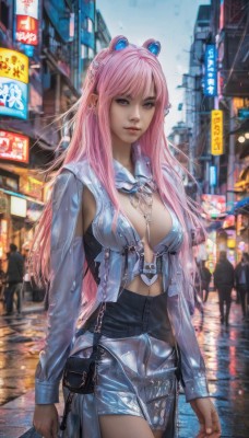 1girl,long hair,breasts,looking at viewer,bangs,blue eyes,skirt,hair ornament,long sleeves,cleavage,jewelry,medium breasts,standing,jacket,pink hair,cowboy shot,earrings,outdoors,parted lips,shorts,solo focus,necklace,bag,mole,lips,wet,see-through,short shorts,piercing,building,between breasts,science fiction,handbag,city,realistic,nose,cyberpunk,solo,animal ears,closed mouth,detached sleeves,sky,day,artist name,blurry,blurry background,fake animal ears,ear piercing,road,street,crowd,strap between breasts