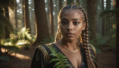 1girl,solo,long hair,breasts,looking at viewer,brown hair,black hair,cleavage,brown eyes,jewelry,closed mouth,collarbone,upper body,braid,outdoors,dark skin,necklace,blurry,black eyes,twin braids,dark-skinned female,tree,lips,depth of field,blurry background,plant,nature,forehead,forest,realistic,nose,very dark skin,dreadlocks,multiple braids,dress,medium breasts,earrings,day,sunlight,backlighting,dappled sunlight,gold