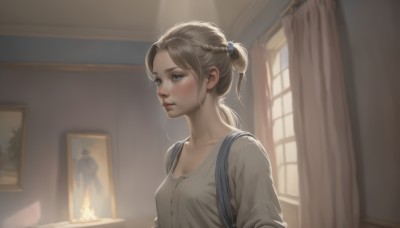 1girl,solo,breasts,blush,blue eyes,blonde hair,brown hair,shirt,cleavage,medium breasts,collarbone,white shirt,upper body,ponytail,braid,parted lips,indoors,blurry,lips,window,blurry background,sunlight,fire,curtains,freckles,realistic,nose,candle,painting (object),closed mouth,small breasts