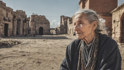 solo,long hair,1boy,jewelry,closed mouth,upper body,white hair,grey hair,male focus,earrings,outdoors,sky,day,necklace,blurry,building,robe,realistic,old,old man,photo background,black robe,old woman,wrinkled skin,1girl,braid,blue sky,looking afar