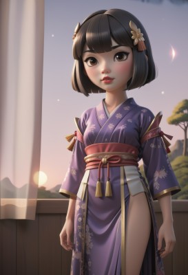 1girl,solo,looking at viewer,blush,short hair,bangs,black hair,hair ornament,long sleeves,brown eyes,standing,flower,cowboy shot,outdoors,parted lips,japanese clothes,sky,artist name,indoors,hair flower,blunt bangs,kimono,tree,lips,sash,window,makeup,no panties,obi,floral print,bob cut,curtains,tassel,pelvic curtain,side slit,backlighting,sunset,arms at sides,red lips,print kimono,purple kimono,twilight,breasts,smile,brown hair,sunlight