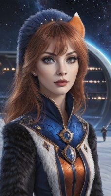 1girl,solo,long hair,looking at viewer,bangs,brown hair,hat,animal ears,brown eyes,jewelry,closed mouth,upper body,earrings,outdoors,sky,cat ears,lips,fur trim,makeup,night,brooch,gem,star (sky),night sky,starry sky,freckles,realistic,nose,solo focus,artist name,coat,eyelashes,lipstick,snow