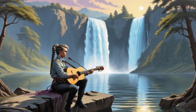 1girl,solo,long hair,brown hair,shirt,black hair,long sleeves,jewelry,sitting,closed eyes,white shirt,ponytail,braid,earrings,boots,outdoors,sky,belt,pants,cloud,dark skin,water,black footwear,from side,dark-skinned female,tree,black pants,sunlight,instrument,nature,scenery,sunset,rock,mountain,music,sun,guitar,singing,playing instrument,holding instrument,river,waterfall,cliff,dreadlocks,very long hair,lips,single braid,profile,realistic