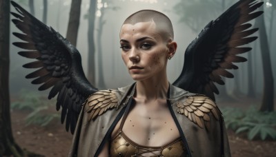 1girl,solo,breasts,looking at viewer,short hair,cleavage,jewelry,medium breasts,collarbone,upper body,earrings,outdoors,wings,cape,armor,mole,blurry,black eyes,tree,lips,grey eyes,piercing,shoulder armor,genderswap,nature,feathered wings,genderswap (mtf),forest,freckles,black wings,pauldrons,mole on breast,bald,very short hair,buzz cut,body freckles,large breasts,brown eyes