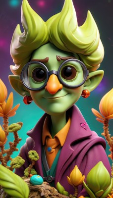 solo,looking at viewer,smile,short hair,blonde hair,shirt,1boy,brown eyes,jewelry,closed mouth,jacket,upper body,flower,male focus,heart,earrings,green hair,glasses,pointy ears,collared shirt,vest,colored skin,leaf,plant,goggles,round eyewear,purple jacket,green skin,necktie,artist name,blurry,black eyes,watermark,thick eyebrows,spiked hair,web address,purple shirt,orange skin