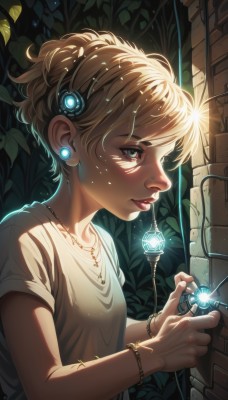 1girl,solo,short hair,bangs,blue eyes,blonde hair,shirt,hair ornament,holding,jewelry,white shirt,upper body,short sleeves,earrings,necklace,bracelet,lips,eyelashes,glowing,leaf,plant,t-shirt,gem,pendant,freckles,nose,brick wall,closed mouth,collarbone,braid,outdoors,artist name,signature,from side,fingernails,profile,makeup,watermark,looking away,sunlight,web address,pink lips,stud earrings,light,cable,shade,wall,mascara,ivy