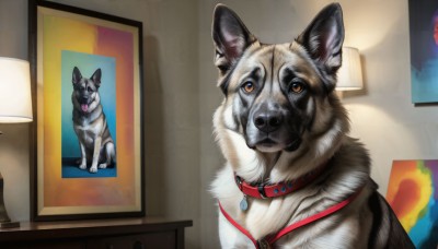 HQ,looking at viewer,jewelry,indoors,collar,no humans,animal,dog,realistic,animal focus,red collar,animal collar,painting (object),open mouth,tongue,signature,tongue out,orange eyes,lamp,picture frame,shiba inu,portrait (object)