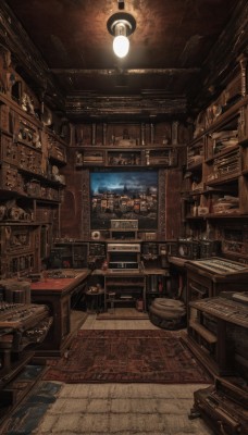 sky,cloud,indoors,cup,book,no humans,chair,table,bottle,scenery,wooden floor,bookshelf,lamp,stool,shelf,library,ceiling,bar (place),carpet,ceiling light,rug,window,night,stairs,light,candle,still life