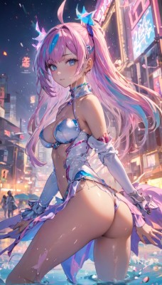 1girl,solo,long hair,breasts,looking at viewer,blush,bangs,blue eyes,hair ornament,navel,cleavage,bare shoulders,twintails,jewelry,medium breasts,closed mouth,blue hair,standing,swimsuit,pink hair,ass,ahoge,sidelocks,thighs,multicolored hair,cowboy shot,earrings,outdoors,parted lips,detached sleeves,sky,solo focus,shiny,looking back,virtual youtuber,water,two-tone hair,leotard,streaked hair,wet,shiny skin,petals,night,building,revealing clothes,night sky,wading,city,long sleeves,dress,bikini,choker,from behind,side-tie bikini bottom,halterneck,twisted torso