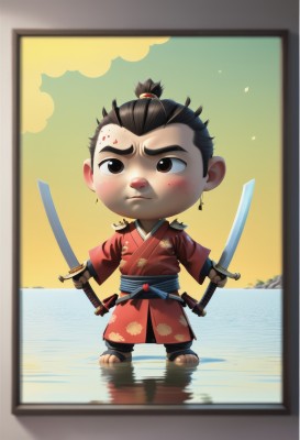 solo,looking at viewer,blush,short hair,brown hair,black hair,1boy,holding,brown eyes,jewelry,closed mouth,standing,full body,ponytail,weapon,male focus,earrings,japanese clothes,sword,kimono,water,chibi,holding weapon,black eyes,sash,holding sword,thick eyebrows,katana,sheath,child,reflection,dual wielding,red kimono,male child,topknot,painting (object),frown,sandals,serious