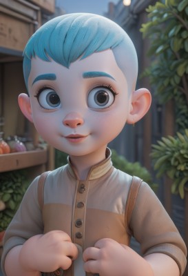 1girl,solo,looking at viewer,smile,short hair,shirt,1boy,jewelry,blue hair,upper body,male focus,earrings,outdoors,day,bag,blurry,black eyes,fruit,blurry background,child,clenched hands,freckles,male child,very short hair,brown eyes,parted lips,artist name,lips,plant