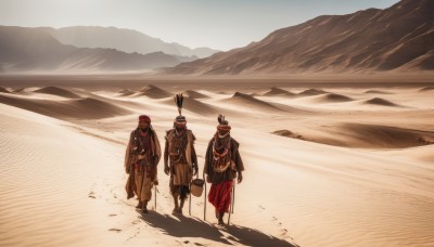 gloves,hat,holding,standing,weapon,male focus,boots,outdoors,multiple boys,day,2boys,mask,3boys,scenery,walking,robe,mountain,sand,bucket,cane,mountainous horizon,shovel,desert,footprints,black hair,sky,headband,shadow,feathers,multiple others,topknot,native american