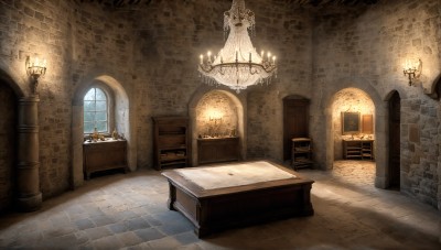 HQ,indoors,book,no humans,window,chair,table,sunlight,scenery,stairs,door,light,lamp,candle,statue,carpet,church,candlestand,chandelier,fireplace,day,desk,wooden floor,tiles,wall,tile floor,brick wall,arch,brick floor