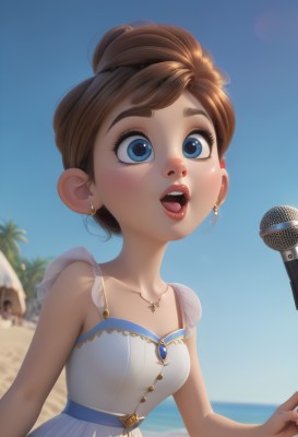 1girl,solo,breasts,short hair,open mouth,blue eyes,brown hair,dress,bare shoulders,jewelry,collarbone,upper body,earrings,small breasts,outdoors,sky,teeth,sleeveless,solo focus,day,tongue,water,necklace,hair bun,white dress,blurry,tree,blue sky,lips,eyelashes,makeup,sleeveless dress,depth of field,blurry background,ocean,upper teeth only,beach,single hair bun,looking up,microphone,sand,palm tree,red lips,singing,blush,:o,see-through,thick eyebrows,nose