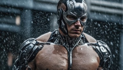 solo,looking at viewer,1boy,closed mouth,upper body,male focus,armor,blurry,muscular,blurry background,facial hair,helmet,pectorals,muscular male,rain,realistic,manly,chest hair,outdoors,mask,goggles,science fiction,snowing,mechanical arms,cyborg,cyberpunk