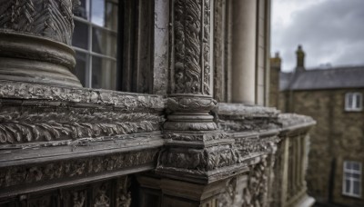 outdoors,sky,day,cloud,indoors,blurry,no humans,window,cloudy sky,building,scenery,stairs,railing,architecture,pillar,statue,grey sky,church,depth of field,column