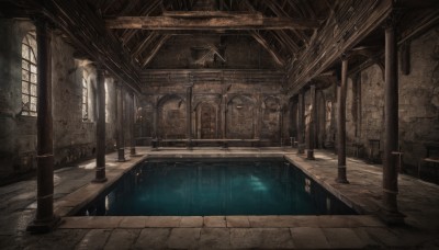 indoors,water,no humans,window,sunlight,scenery,reflection,light rays,stairs,fantasy,architecture,ruins,pillar,hallway,arch,column,door,bridge,church